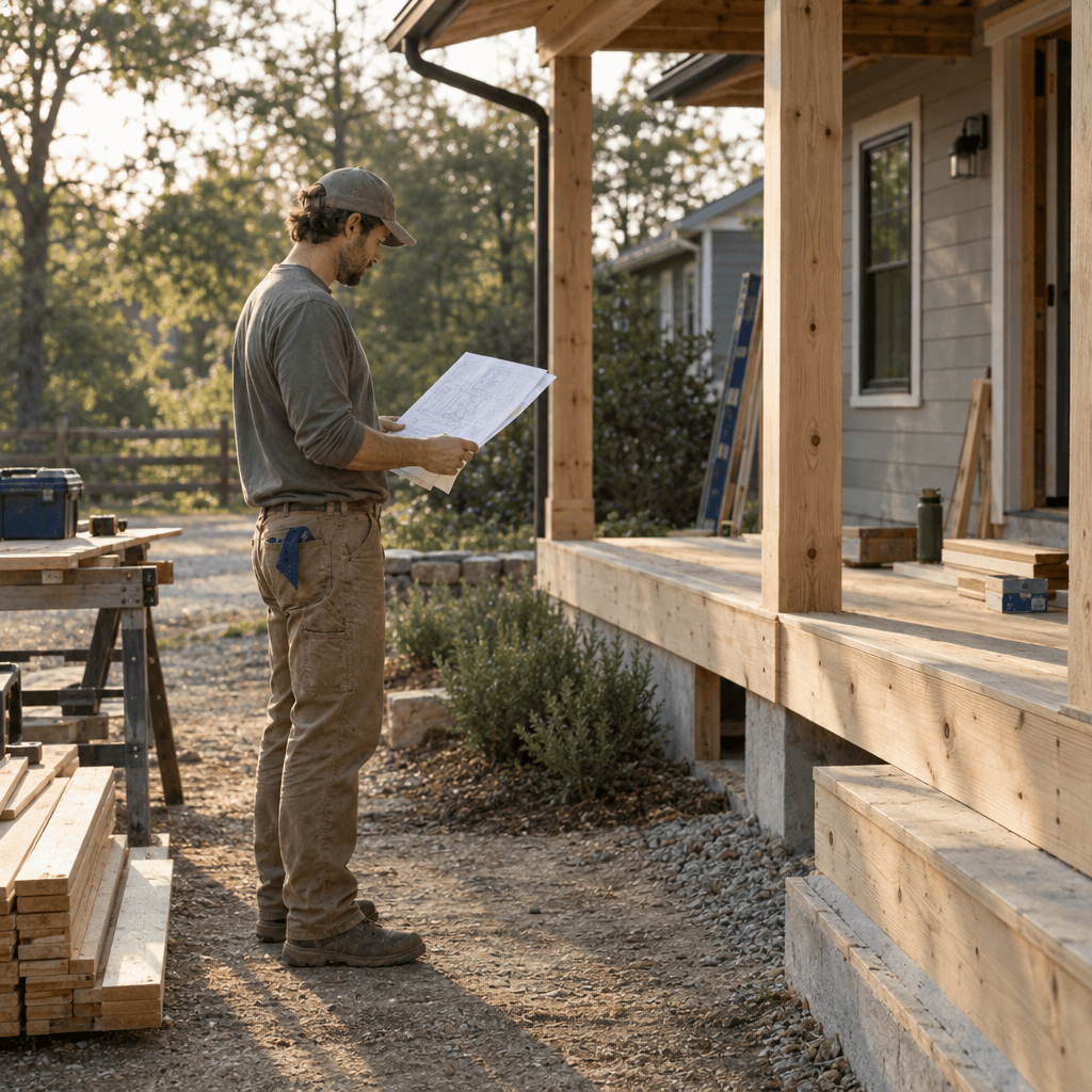 A carpenter reviewing a project plan beside a home renovation site